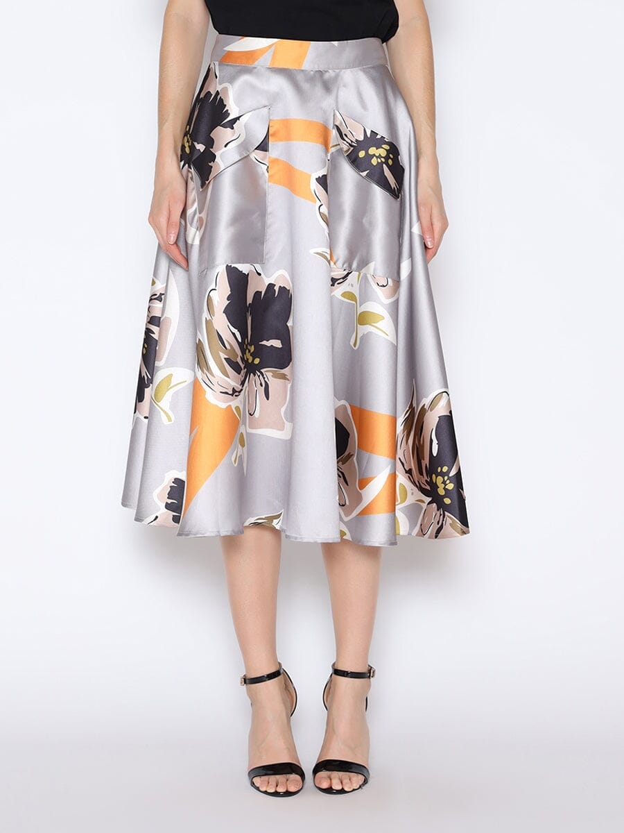 Floral Print A-Line Midi Skirt SKIRT Gracia Fashion TAUPE S 