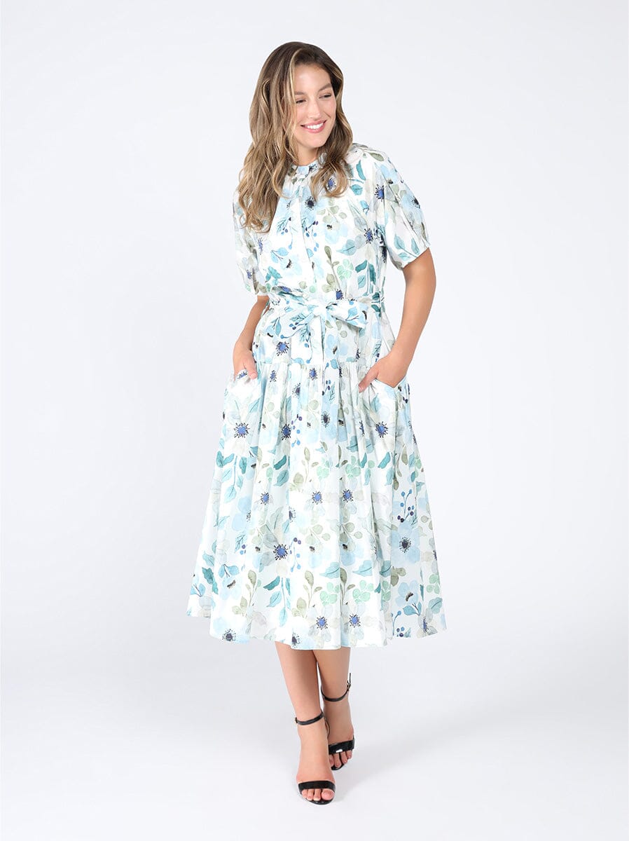 Floral print belt dress DRESS Gracia Fashion BLUE S 