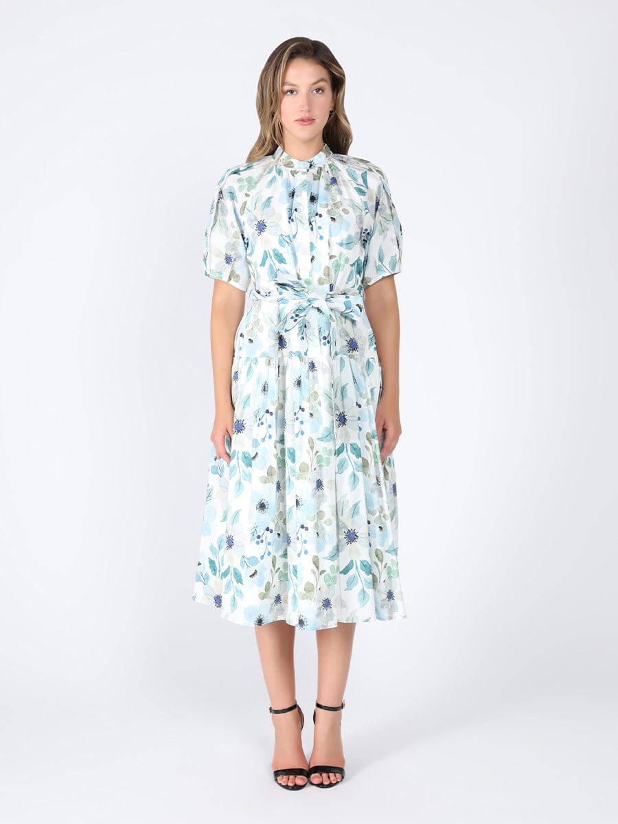 Floral print belt dress DRESS Gracia Fashion BLUE S 