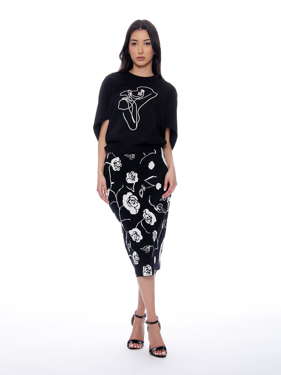 Floral Print Bodycon Knit Skirt SKIRT Gracia Fashion BLACK/WHITE S 