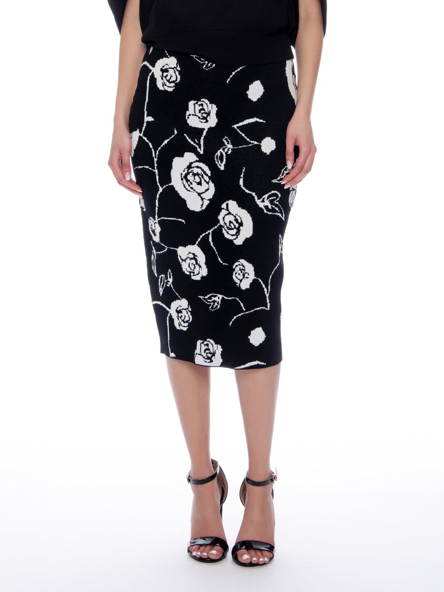 Floral Print Bodycon Knit Skirt SKIRT Gracia Fashion BLACK/WHITE S 