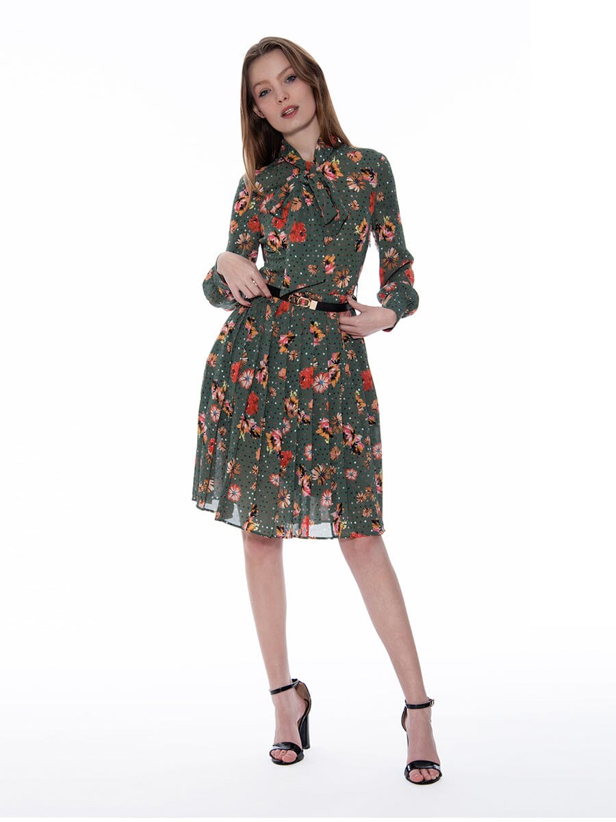 Floral Print Buckle Belt Pleated Long Sleeve Dress DRESS Gracia Fashion OLIVE S 