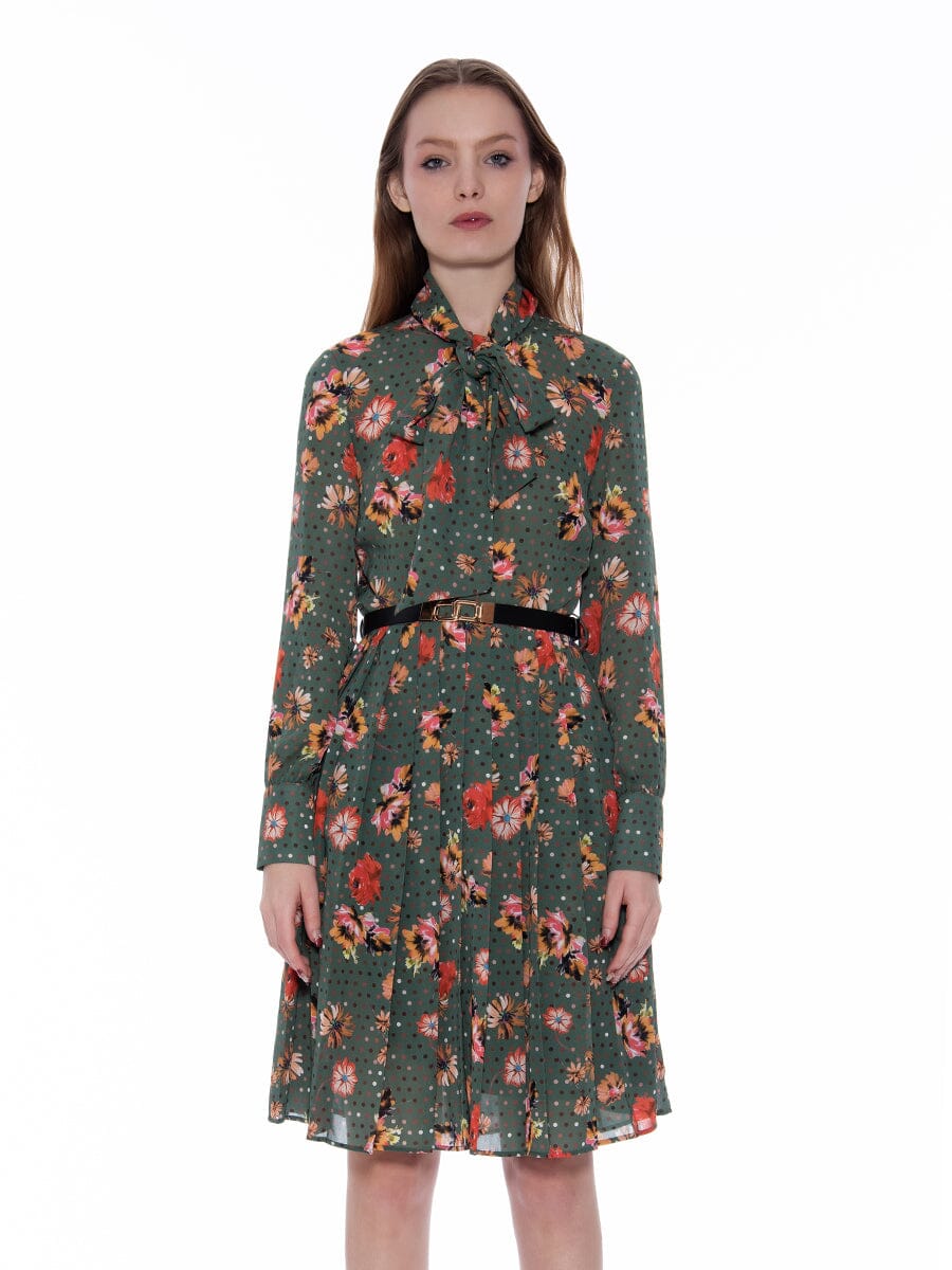 Floral Print Buckle Belt Pleated Long Sleeve Dress DRESS Gracia Fashion OLIVE S 