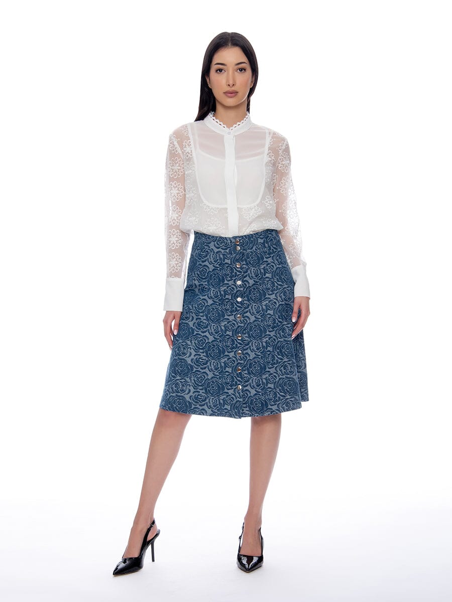 Floral Print Button-Down Midi Denim Skirt SKIRT Gracia Fashion DENIM S 