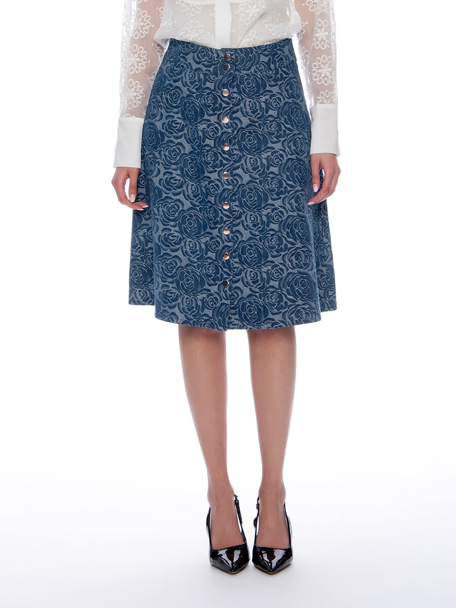 Floral Print Button-Down Midi Denim Skirt SKIRT Gracia Fashion DENIM S 