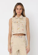 Floral Print Collared Sleeveless Vest VEST Gracia Fashion BEIGE S 