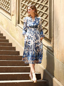 Floral print elastic waist v-neck dress DRESS Gracia Fashion 