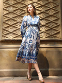 Floral print elastic waist v-neck dress DRESS Gracia Fashion BLUE S 