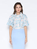 Floral Print Eyelet Puff Sleeve Button-Down Shirt TOP Gracia Fashion BLUE S 