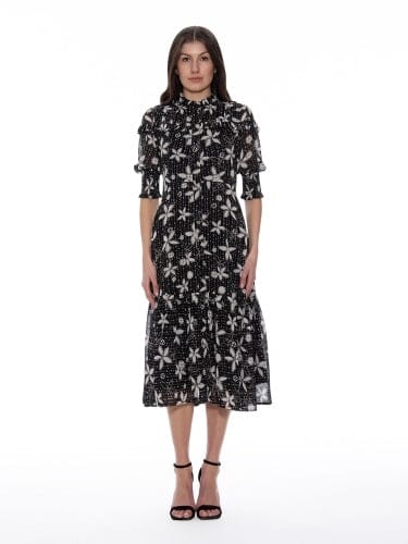Floral Print Flounce Sleeves Long Gathered Dress DRESS Gracia Fashion BLACK S 