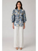 Floral Print Front Tie Neck Puff Sleeve Top TOP Gracia Fashion 