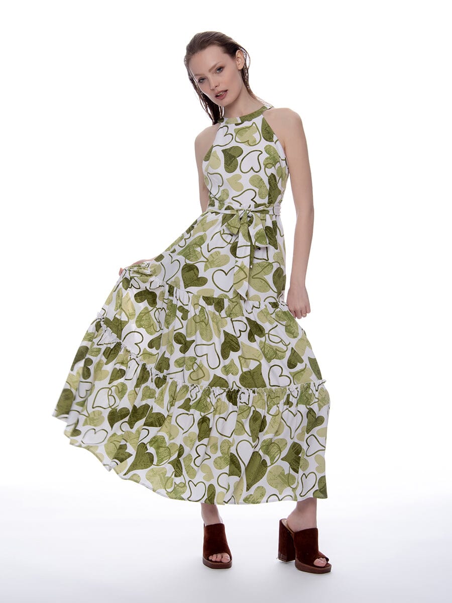Floral Print Halter Ruffle Open Back Maxi Dress DRESS Gracia Fashion OLIVE S 