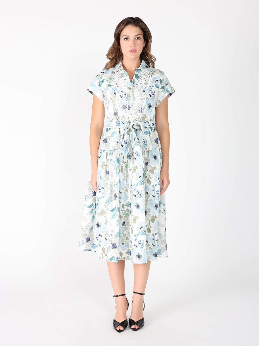 Floral Print Lace Work Short Sleeve Belt Dress DRESS Gracia Fashion 