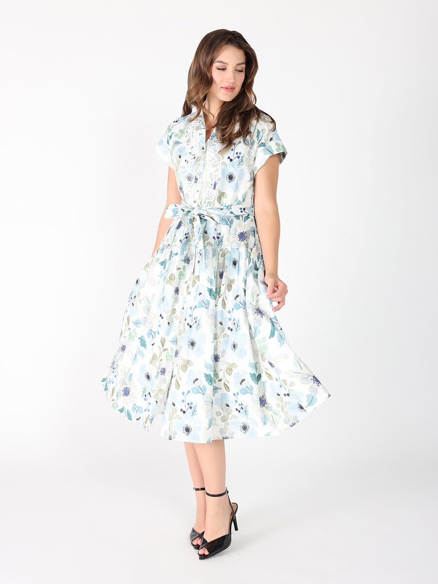 Floral Print Lace Work Short Sleeve Belt Dress DRESS Gracia Fashion 