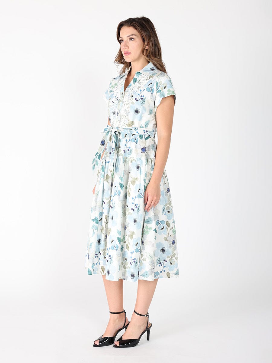 Floral print lace work short sleeve belt dress DRESS Gracia Fashion 