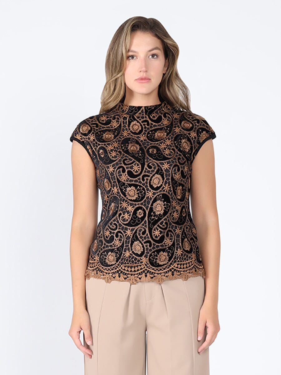 Floral Print Lace Work Sleeveless Top TOP Gracia Fashion GOLD S 