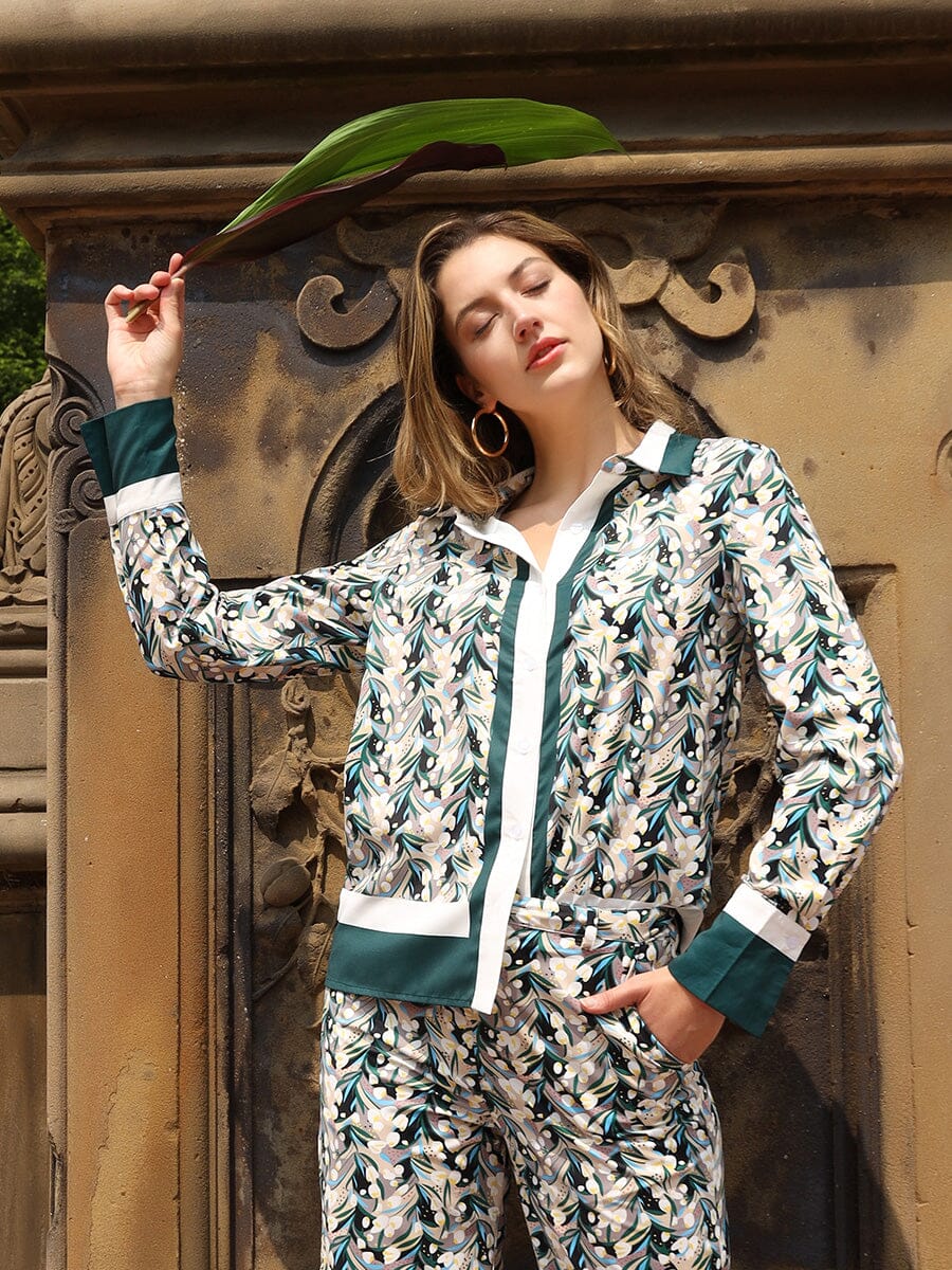 Floral Print Long Sleeve Button Down Shirt TOP Gracia Fashion GREEN S 
