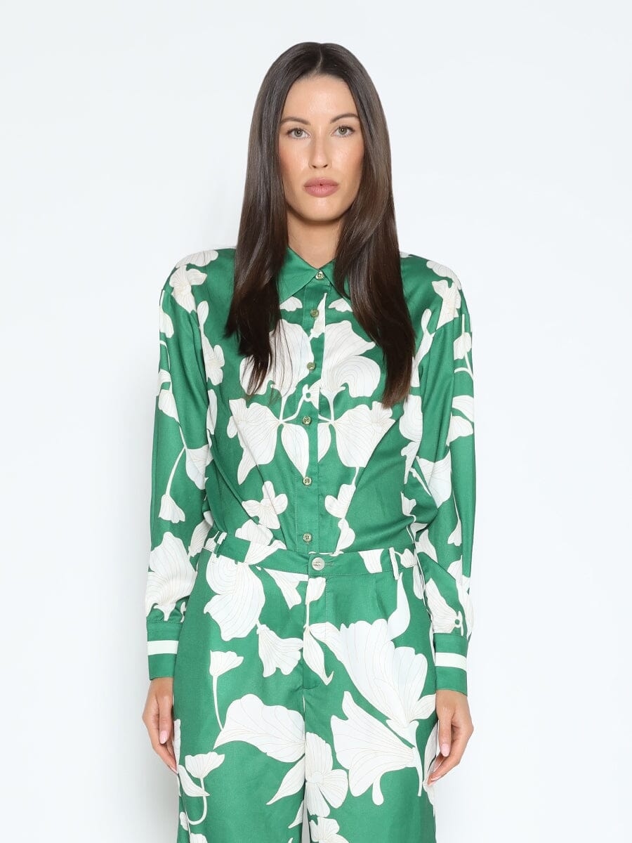Floral Print Long Sleeve Button Up Shirt TOP Gracia Fashion GREEN S 