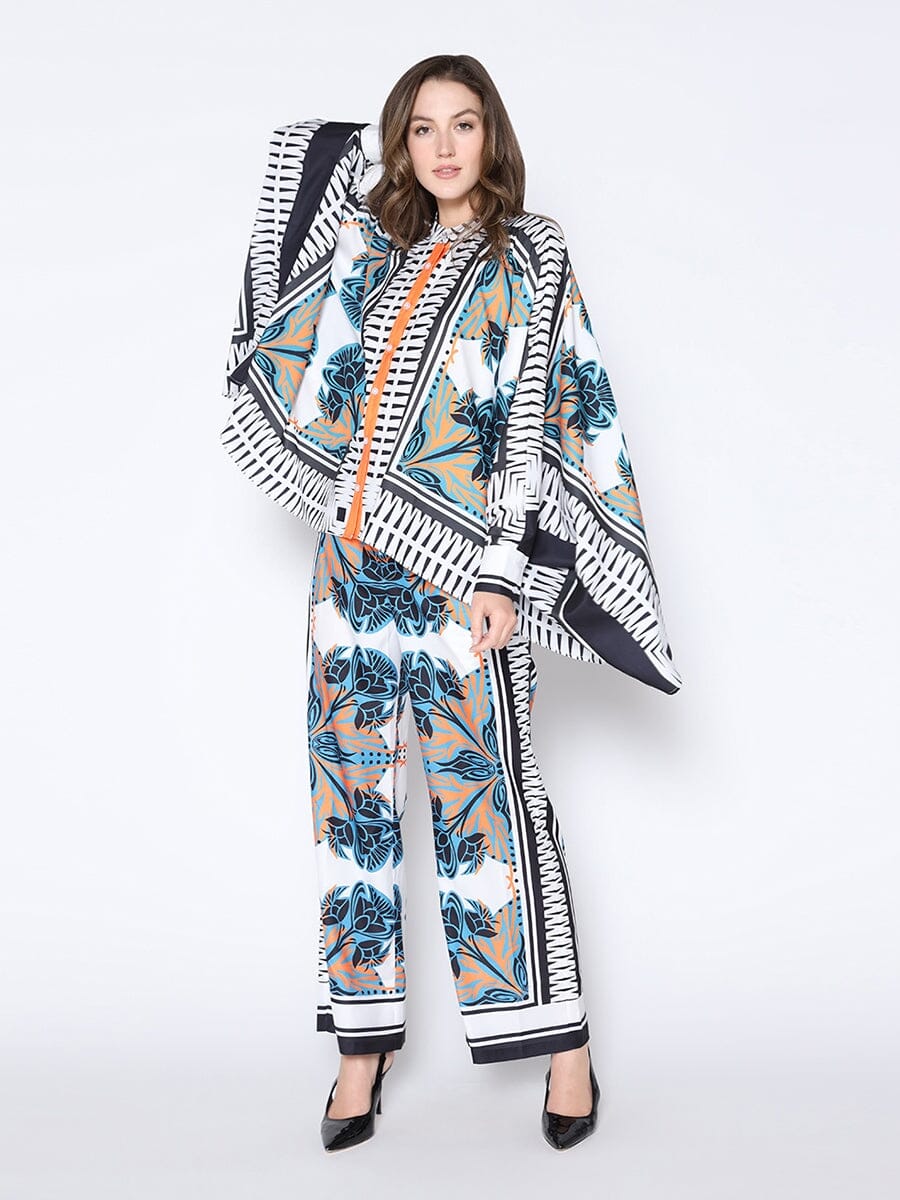 Floral Print Loose Fit Poncho Style Shirt TOP Gracia Fashion WHITE S 