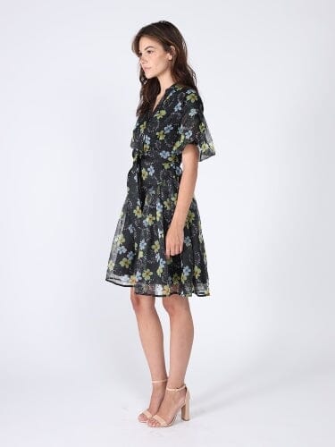 Floral print mesh fabric puffed sleeve belt dress DRESS Gracia Fashion 