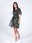 Floral print mesh fabric puffed sleeve belt dress DRESS Gracia Fashion 