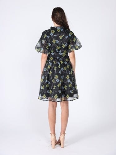 Floral print mesh fabric puffed sleeve belt dress DRESS Gracia Fashion 