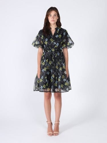 Floral print mesh fabric puffed sleeve belt dress DRESS Gracia Fashion BLACK S 