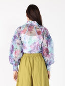 Floral print mesh puffed sleeve shirt top TOP Gracia Fashion 