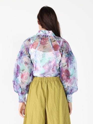 Floral print mesh puffed sleeve shirt top TOP Gracia Fashion 