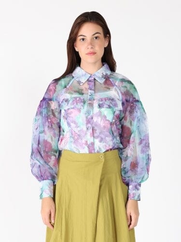 Floral print mesh puffed sleeve shirt top TOP Gracia Fashion PURPLE S 