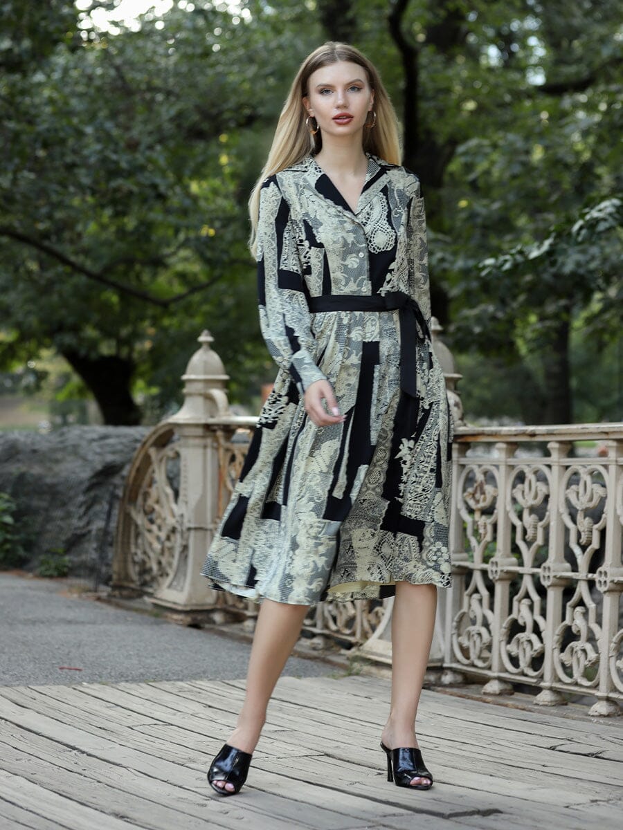 Floral print polyster belt dress DRESS Gracia Fashion BLACK S 