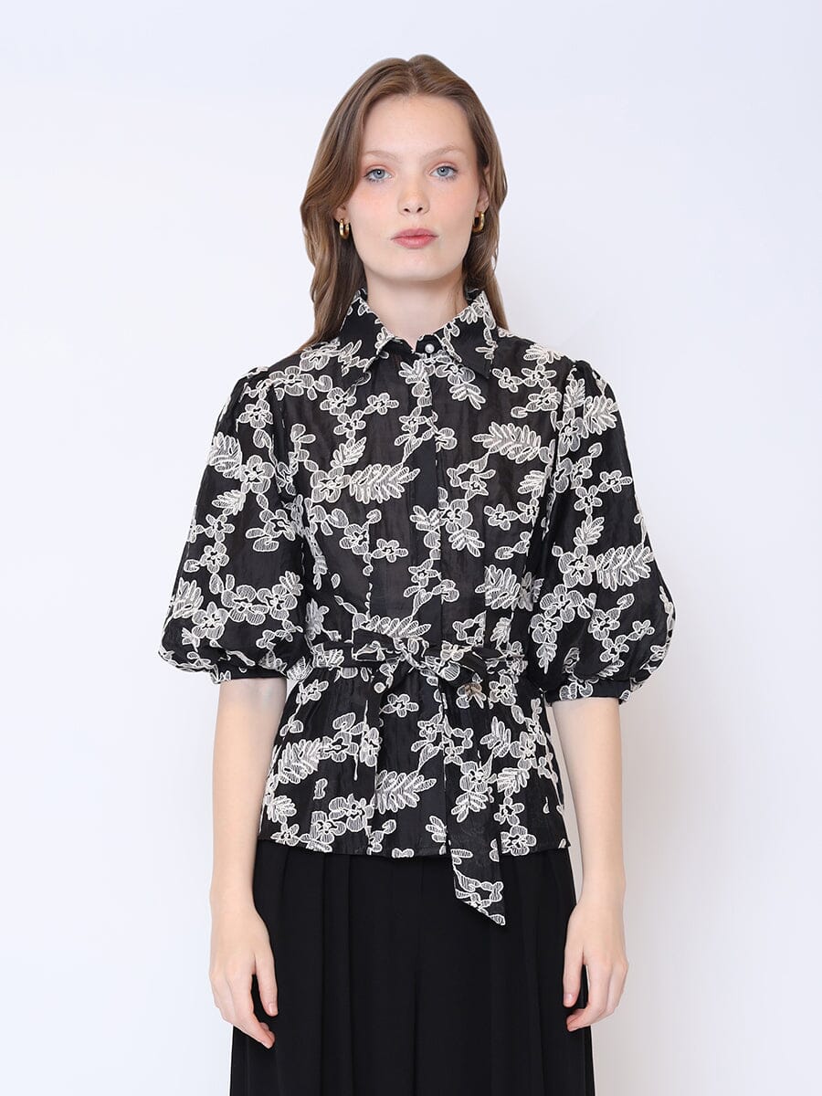 Floral Print Puff Sleeve Button Down Tie Belt Top TOP Gracia Fashion BLACK S 