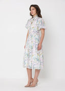 Floral Print Puff Sleeve Elastic Waist A-Line Dres DRESS Gracia Fashion 