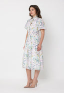 Floral Print Puff Sleeve Elastic Waist A-Line Dress DRESS Gracia Fashion 