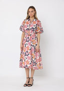 Floral Print Puff Sleeve Elastic Waist Midi-Dress DRESS Gracia Fashion 
