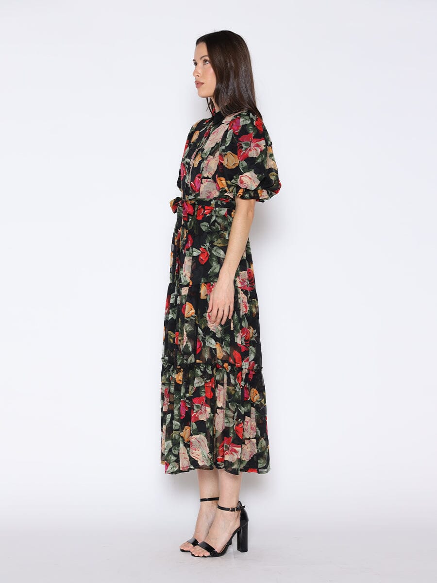 Floral Print Puff Sleeve Maxi Tie Belt Dress DRESS Gracia Fashion 
