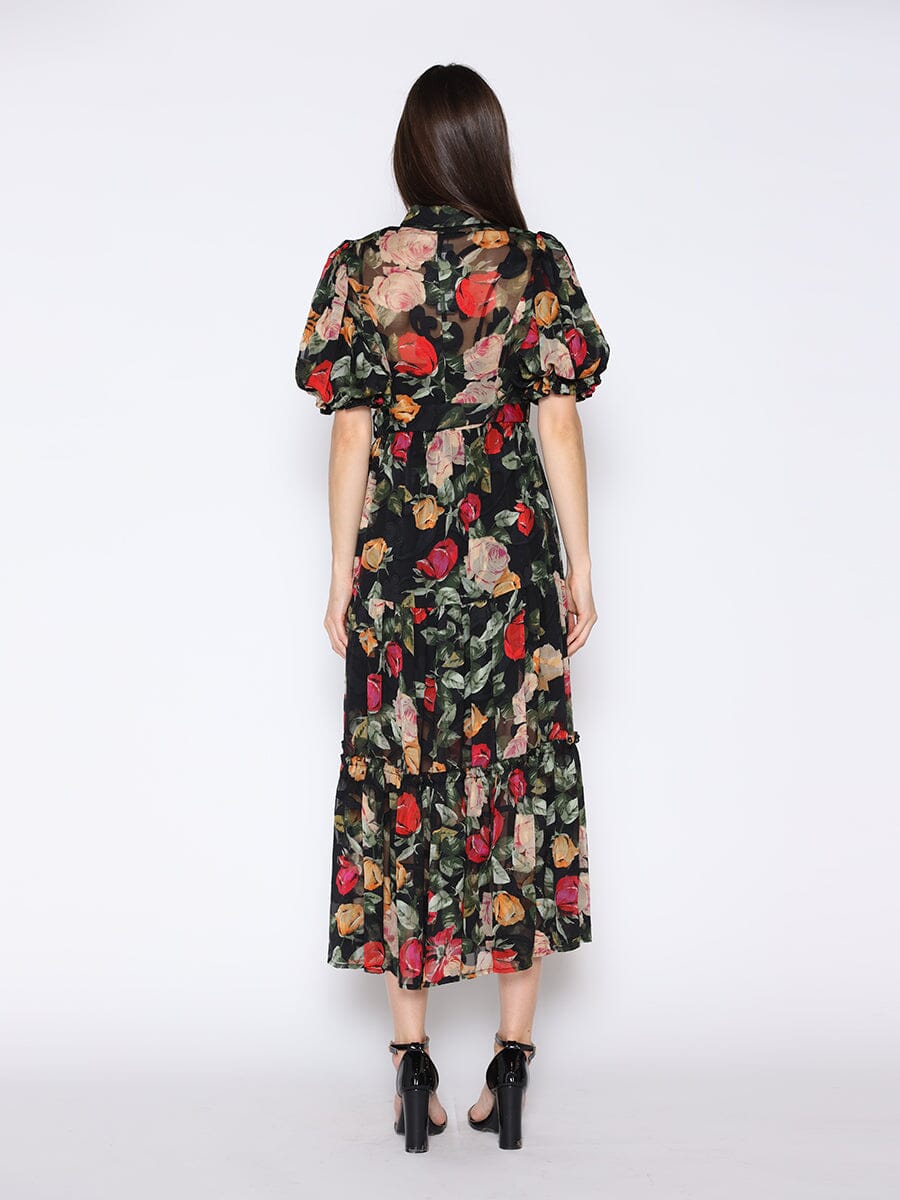 Floral Print Puff Sleeve Maxi Tie Belt Dress DRESS Gracia Fashion 