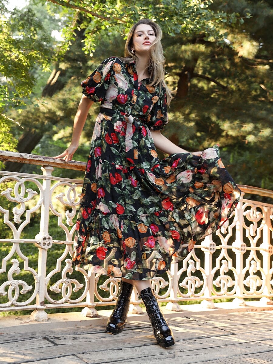 Floral Print Puff Sleeve Maxi Tie Belt Dress DRESS Gracia Fashion BLACK S 