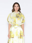 Floral Print Puff Sleeve Round Neck Shirt TOP Gracia Fashion YELLOW S 