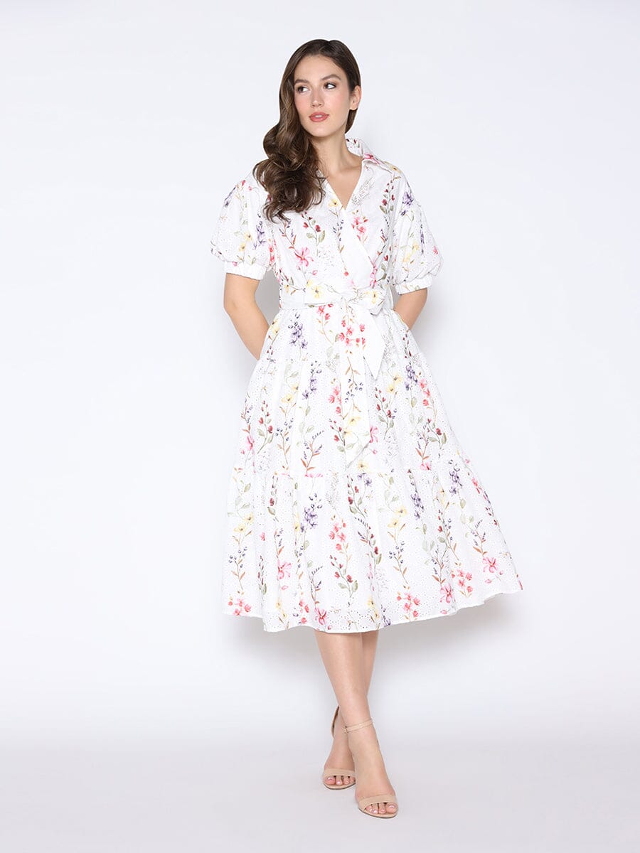 Floral Print Puff SleeveTie Belted Dress DRESS Gracia Fashion WHITE S 