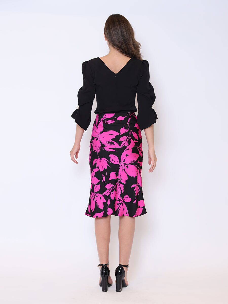 Floral Print Satin Fishtail Midi Skirt SKIRT Gracia Fashion 