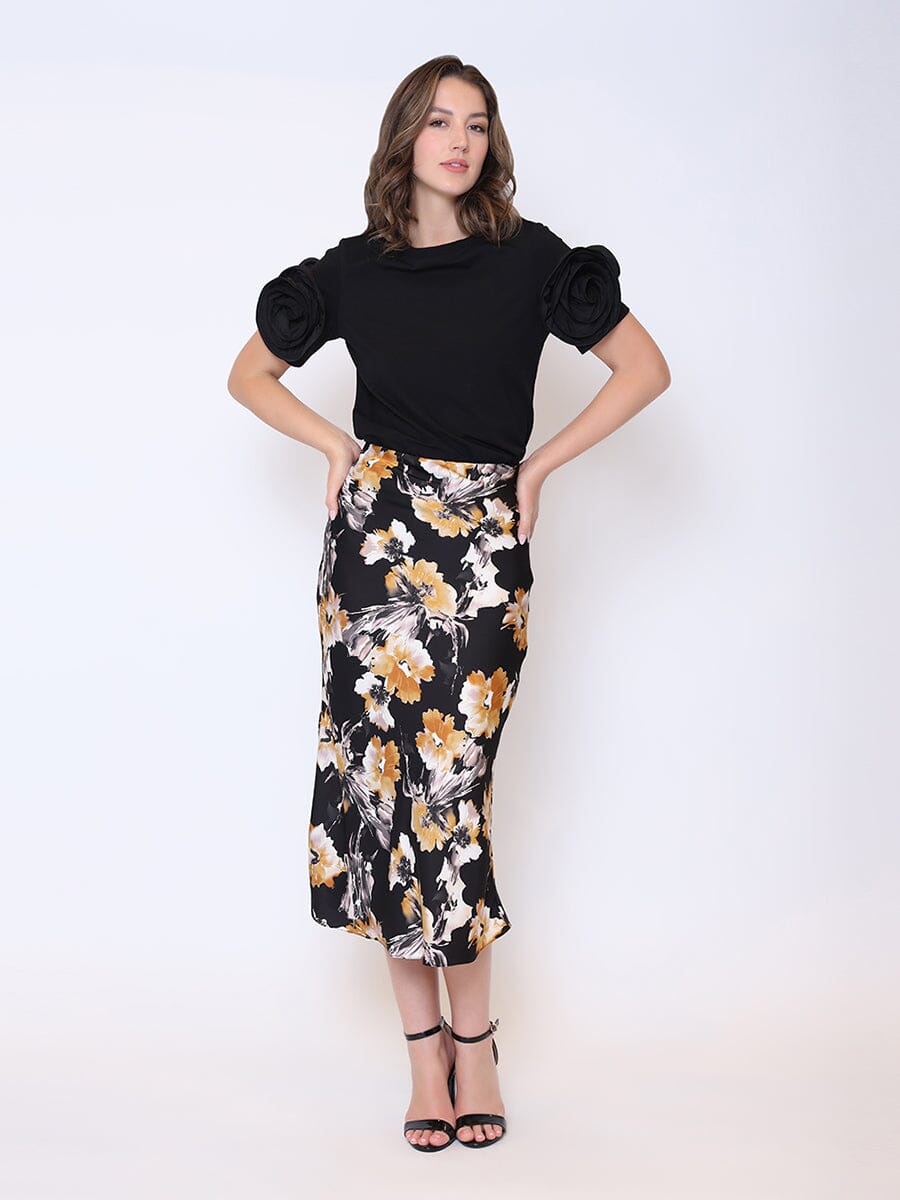Floral Print Satin Fishtail Midi Skirt SKIRT Gracia Fashion BLACK S 