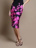 Floral Print Satin Fishtail Midi Skirt SKIRT Gracia Fashion BLACK/FUSHIA S 