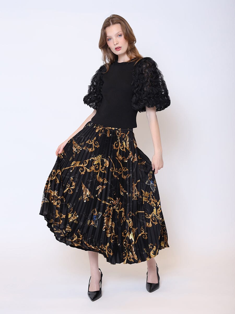 Floral Print Satin Pleated Skirt SKIRT Gracia Fashion BLACK S 
