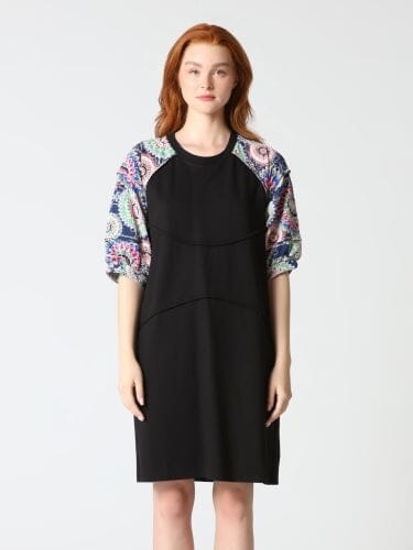 Floral Print Sewing Sleeves Sectioned Mini Dress DRESS Gracia Fashion BLACK S 