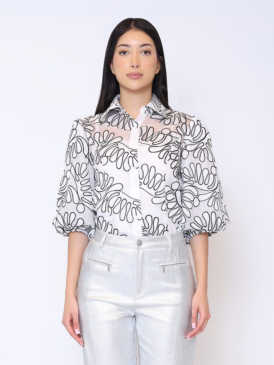 Floral Print Sheer Button Down Puff Sleeve Top TOP Gracia Fashion BLACK S 