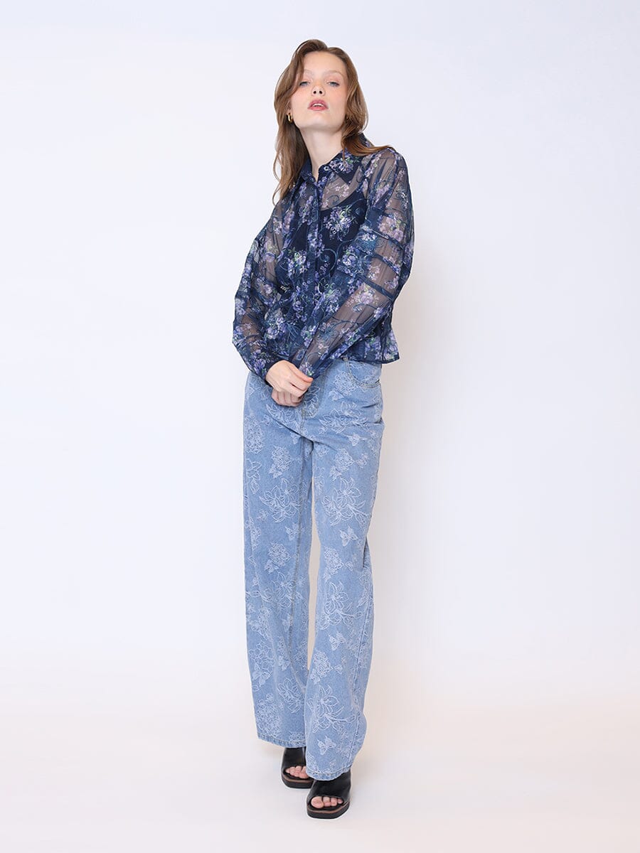 Floral Print Sheer Long Sleeve Button Down Top TOP Gracia Fashion NAVY S 
