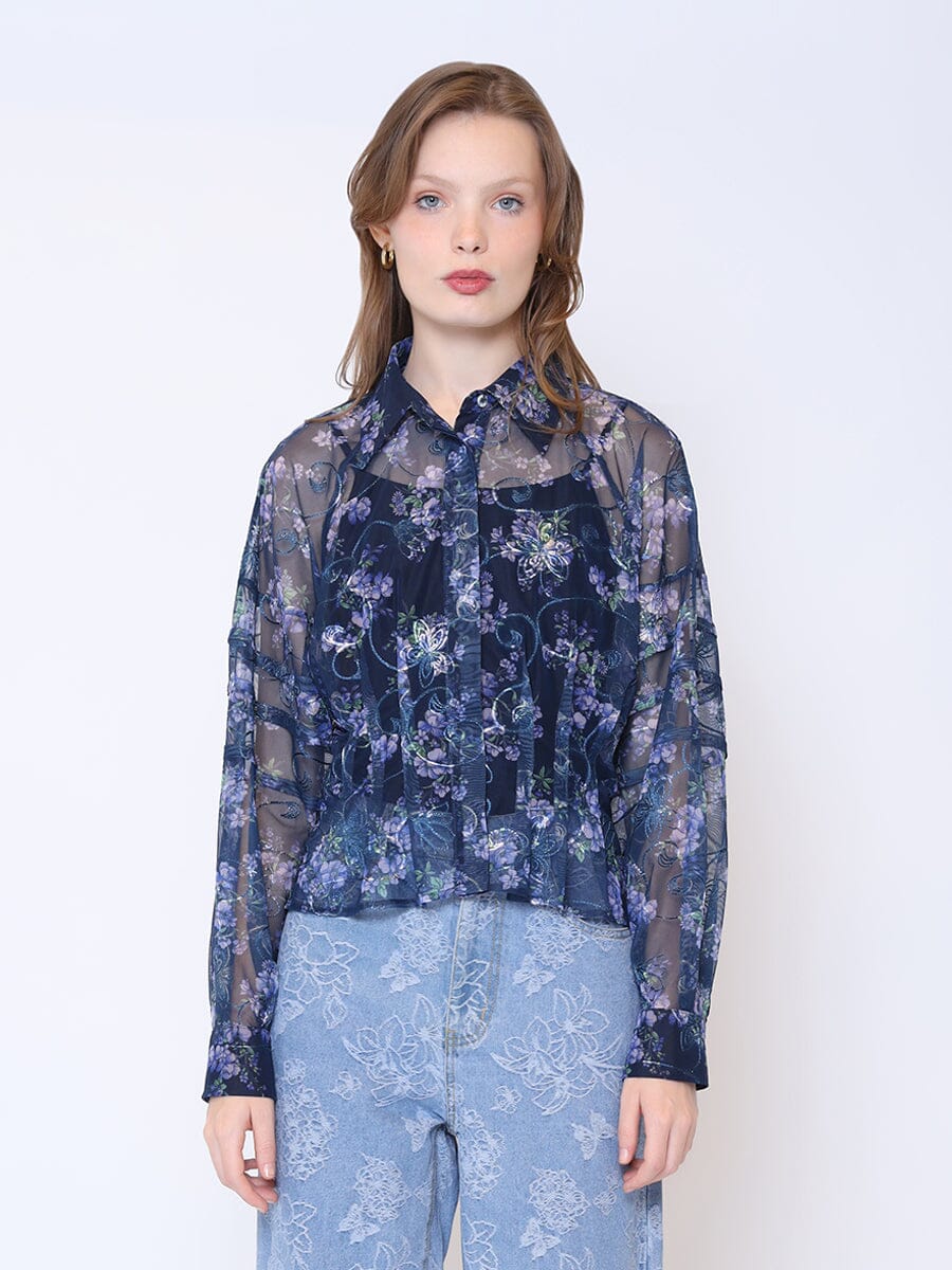 Floral Print Sheer Long Sleeve Button Down Top TOP Gracia Fashion NAVY S 