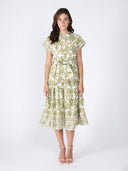 Floral Print Short Sleeve Dress with Ribbon Belt DRESS Gracia Fashion OLIVE S 