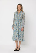 Floral Print Tie Neck Smocked Elastic Waist Dress DRESS Gracia Fashion 